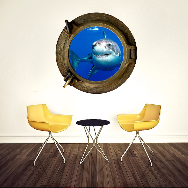 Shark Porthole Wall Decal Mural Ocean Creatures Vinyl Great White Sea Fish, a03
