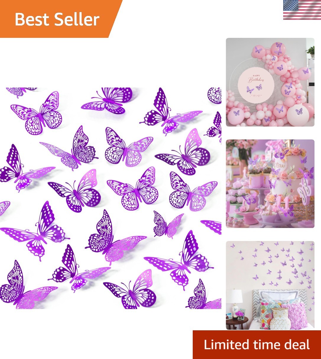 Purple 3D Butterfly Wall Stickers – Waterproof Removable Decor for Kids' Rooms
