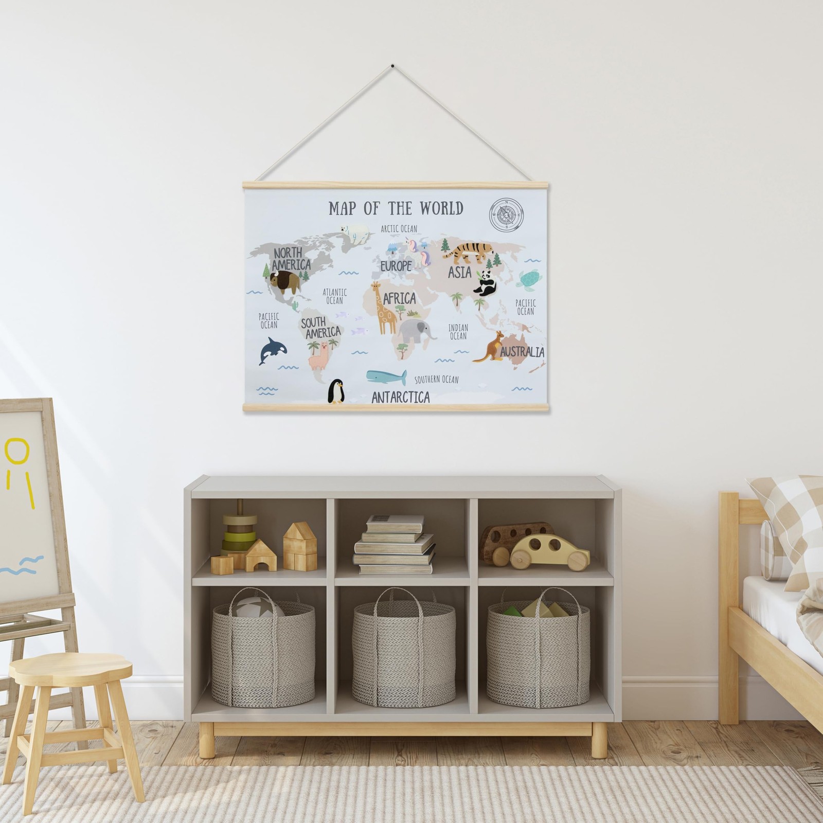 32 x 24 Inch Embroidered World Map Poster for Kids with Wood Hanger – Neut