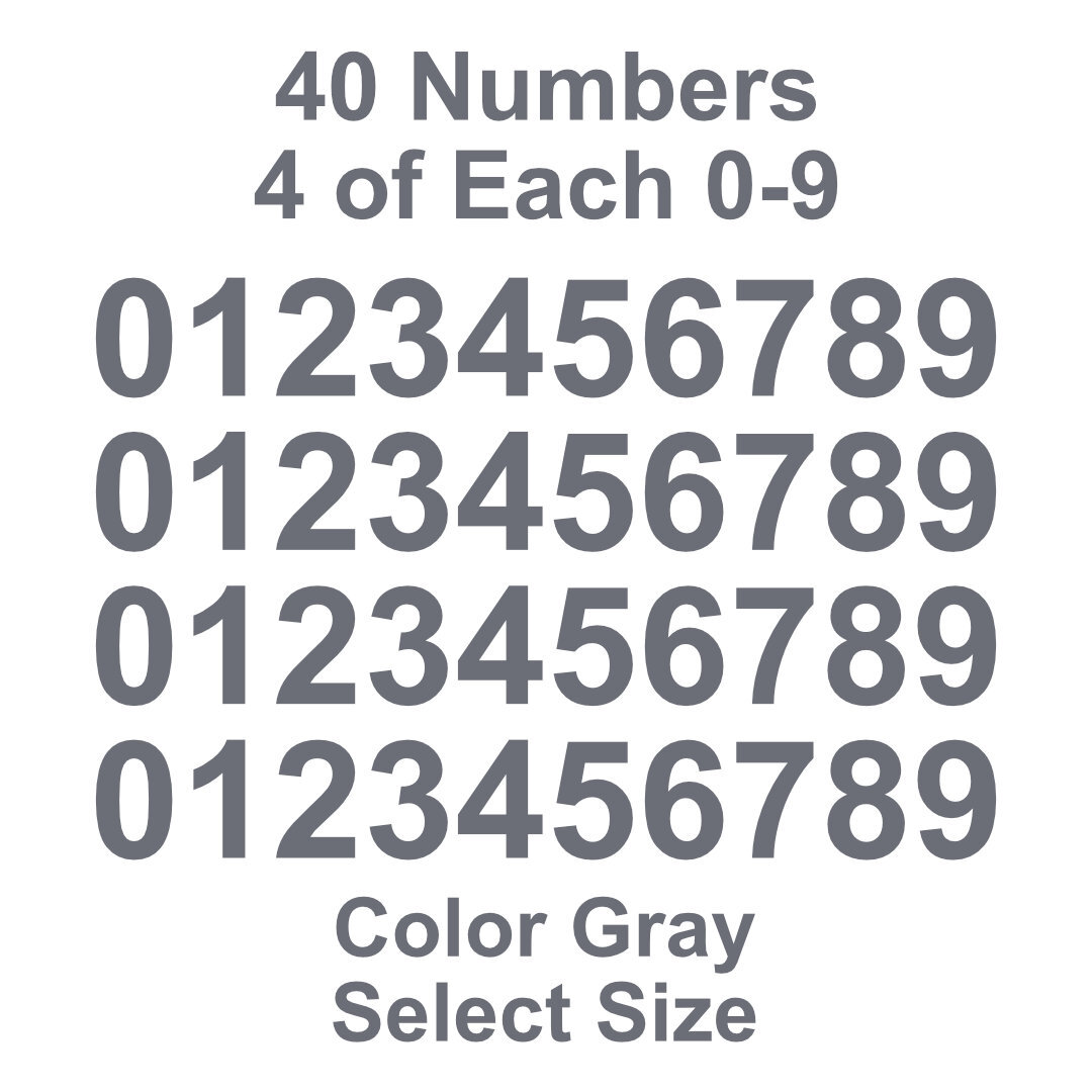 0 – 9 Number Decals Color: Gray – Select Size – 40 Stickers 4 of Each Number
