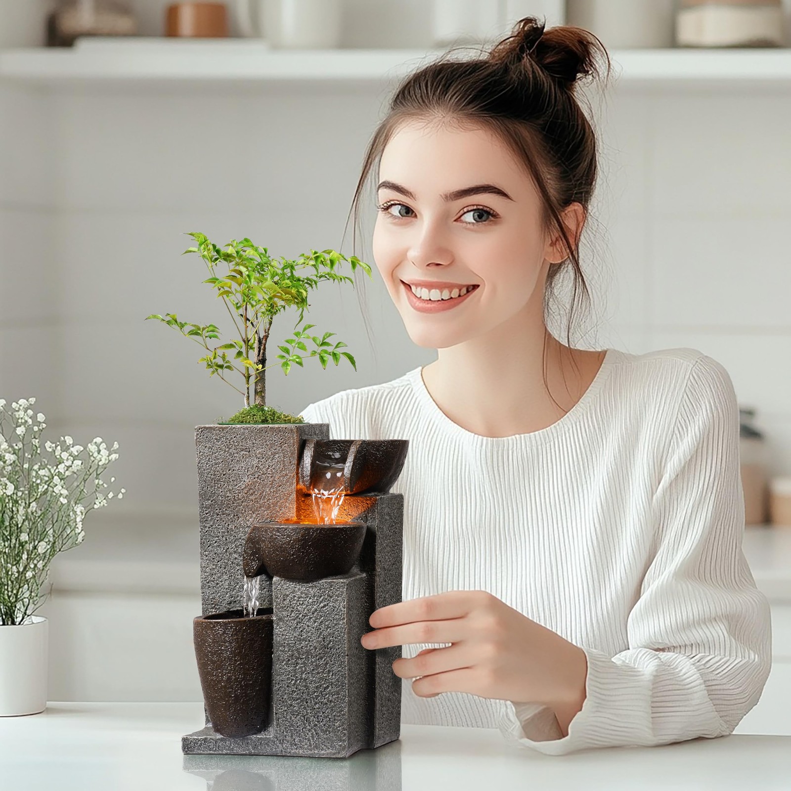 Resin Tabletop Waterfall Fountain with LED Light & Plant Pot, Indoor Desk Wat…