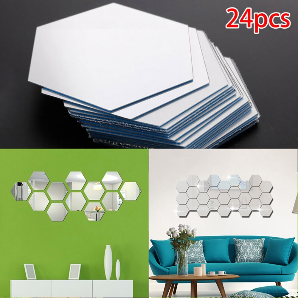 ?24pcs 3D Hexagon Mirror Wall Sticker Art Tile Decal Home Living Room Decor