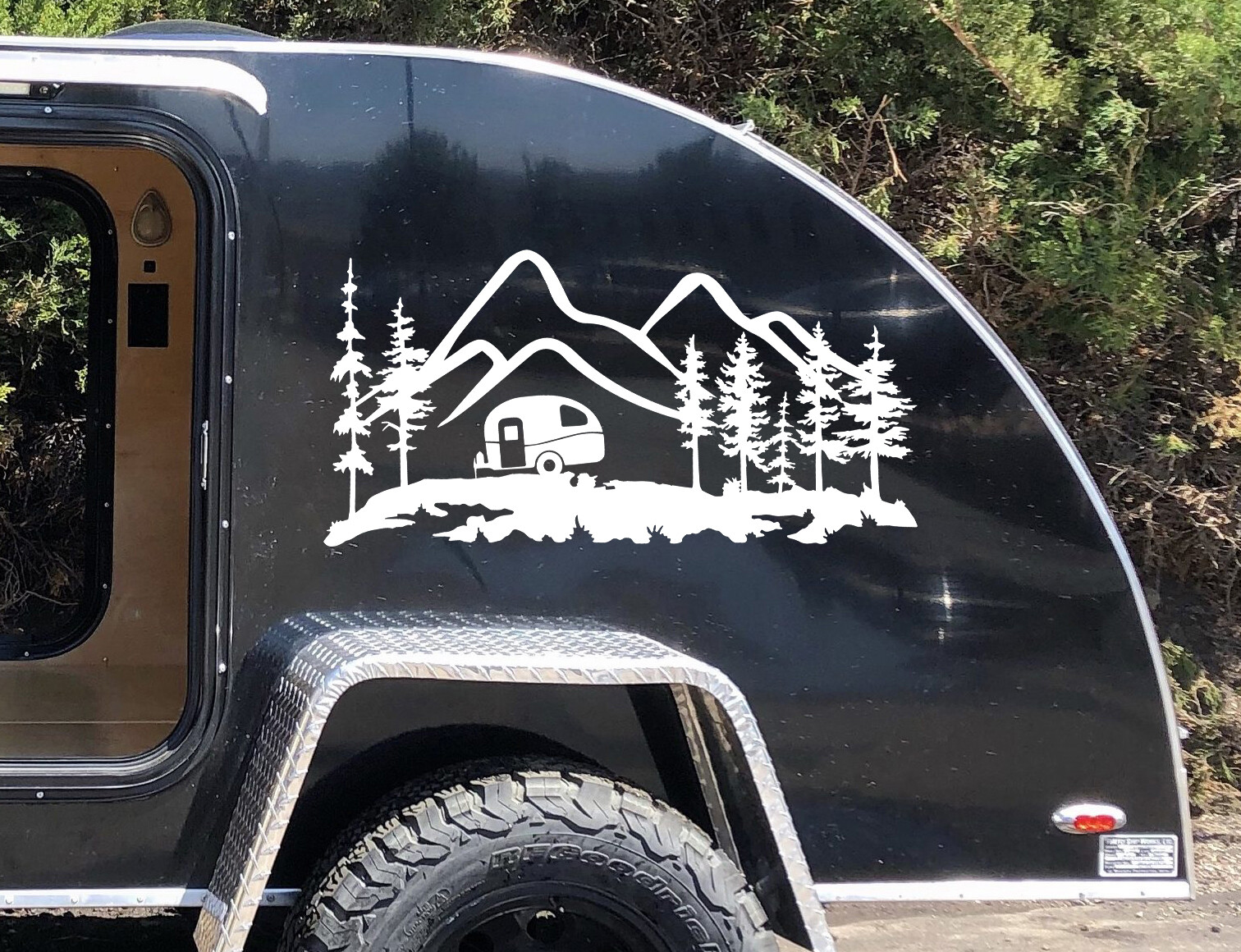Mountain Travel Trailer Scene V2 Vinyl Decal | Camping Forest | Die Cut Sticker