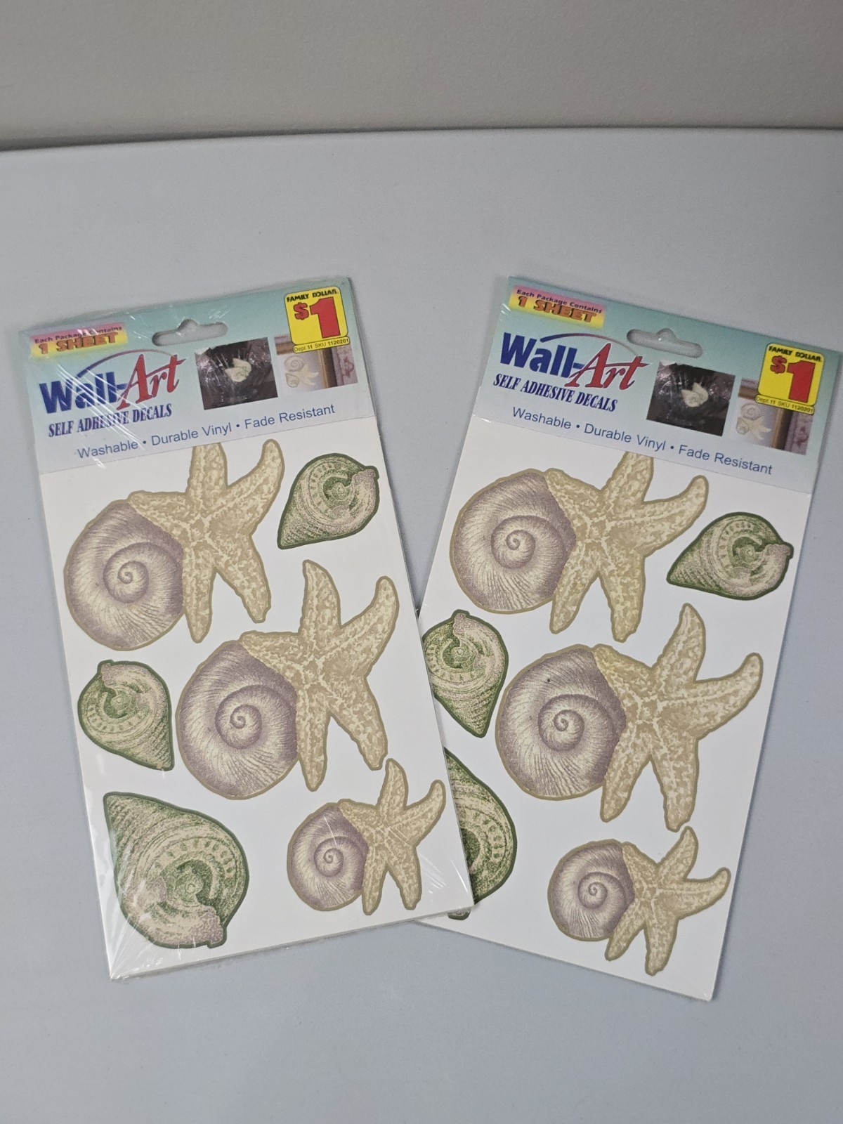 Wall Art Self Adhesive Decals Sea Shells Washable Sealed Lot Of 2 Vintage NOS
