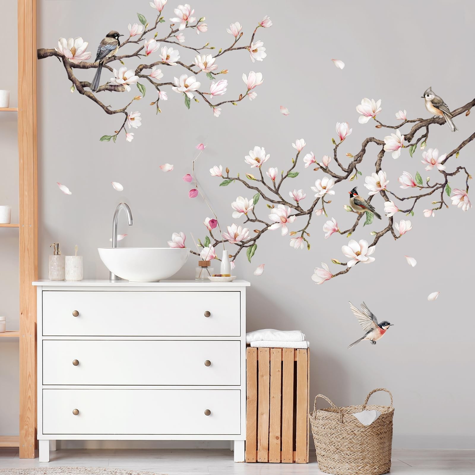White Magnolia Tree Wall Decals, Trees Flowers Wall Stickers Peel and Stick W…