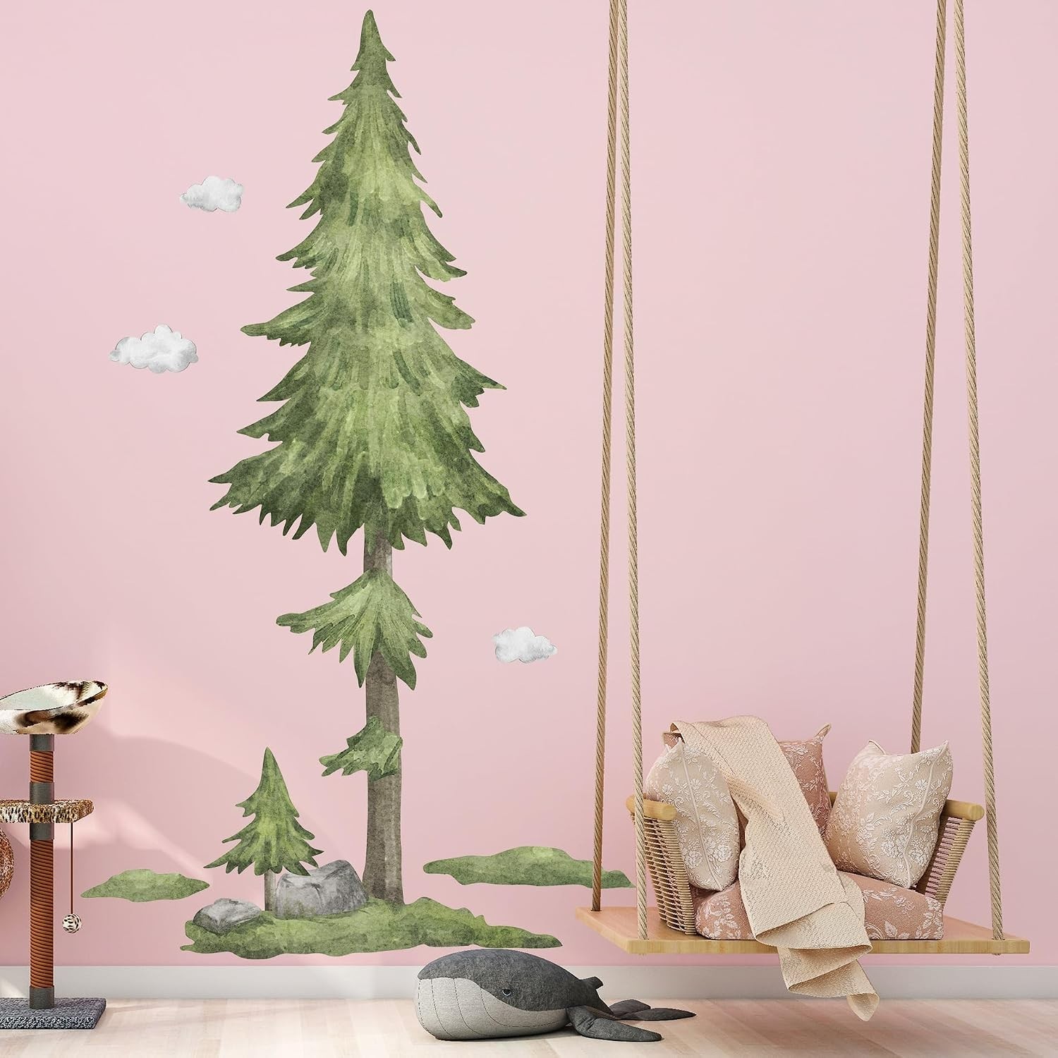 Wall Decals Large Pine Tree Elk Birds Watercolor Woodland Wall Stickers for Kids