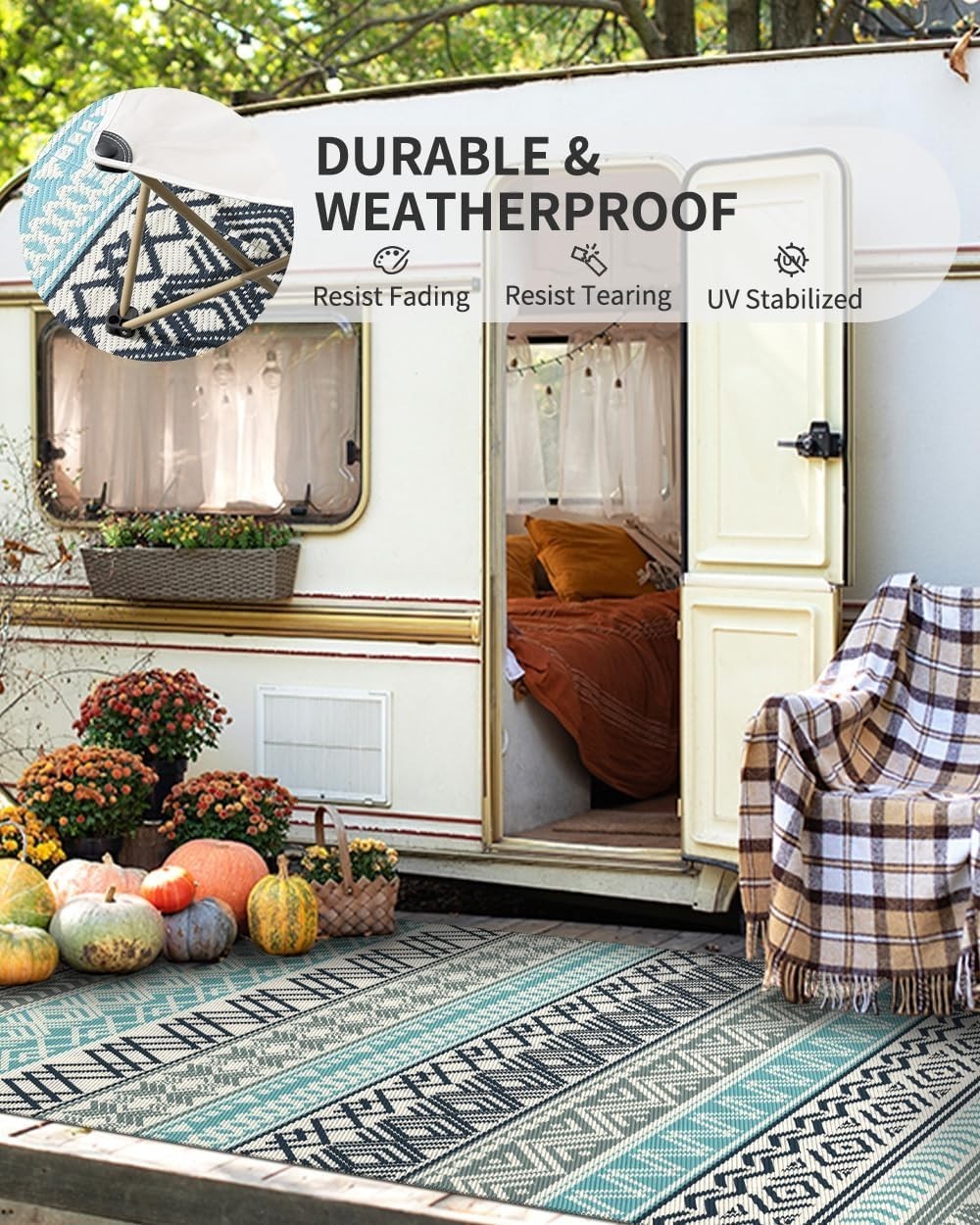 Waterproof Outdoor Rug 5×8 – Reversible Camping Mat, Picnic Beach Carpet, Boho D