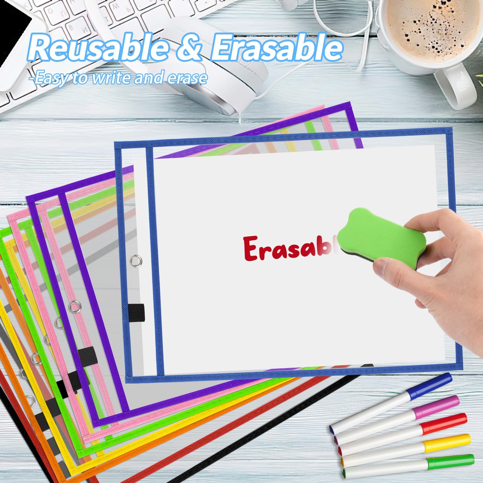 Dry Erase Pocket Sleeves mixed Colors School Classroom Organizer 8 Pcs