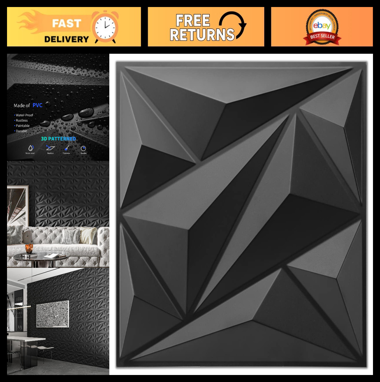 33 Pack 3D Diamond Wall Panels – Black PVC Accent Decor for Living Room, Office,