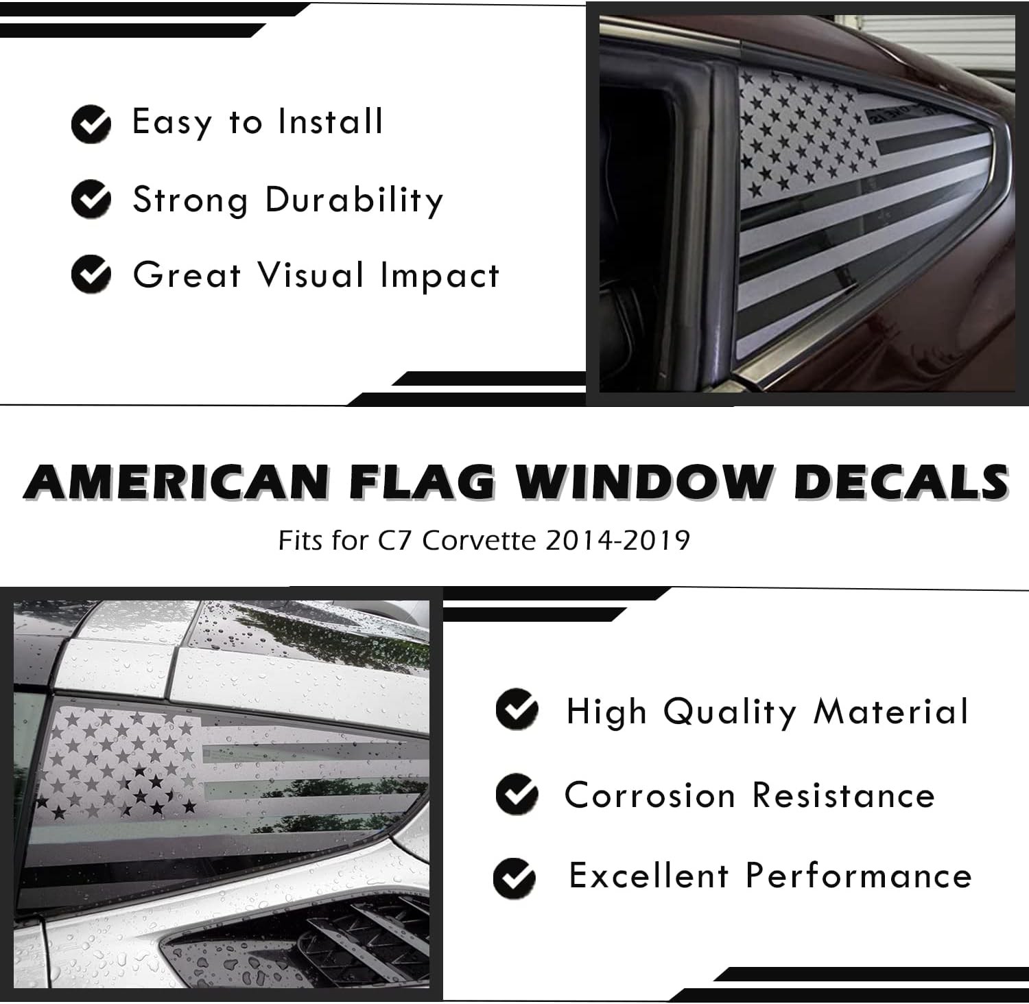 for Both Side American Flag Window Decals fit C7 Corvette 2014-2019 Black