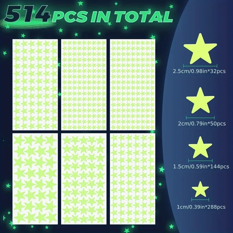 514Pcs Glow in the Dark Star Stickers 3D Geometric Patterned Ceiling and Wall De