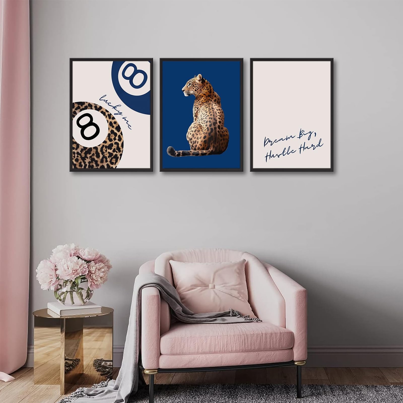Navy Blue 3 Pcs Leopard Print Wall Art Cheetah animal prints 8 Ball Lucky Me …