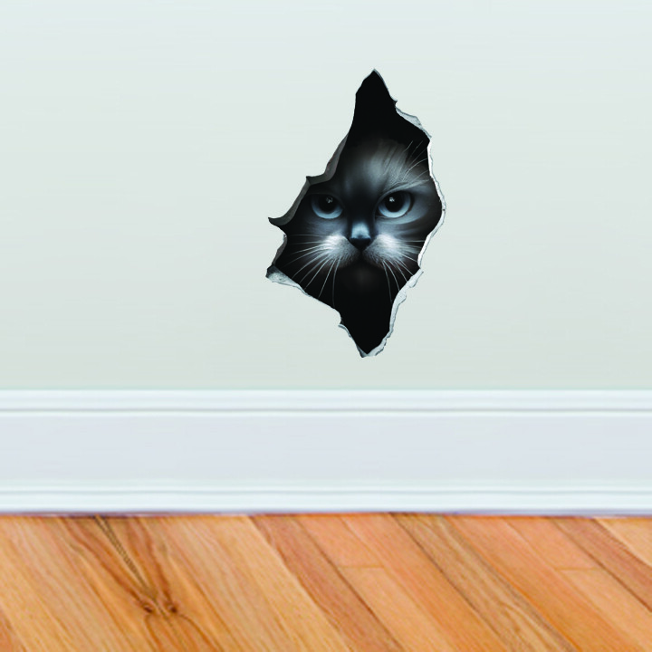 Gray Cat Peeking Through a Hole in the Wall – Vinyl Wall Decal Quality USA Made