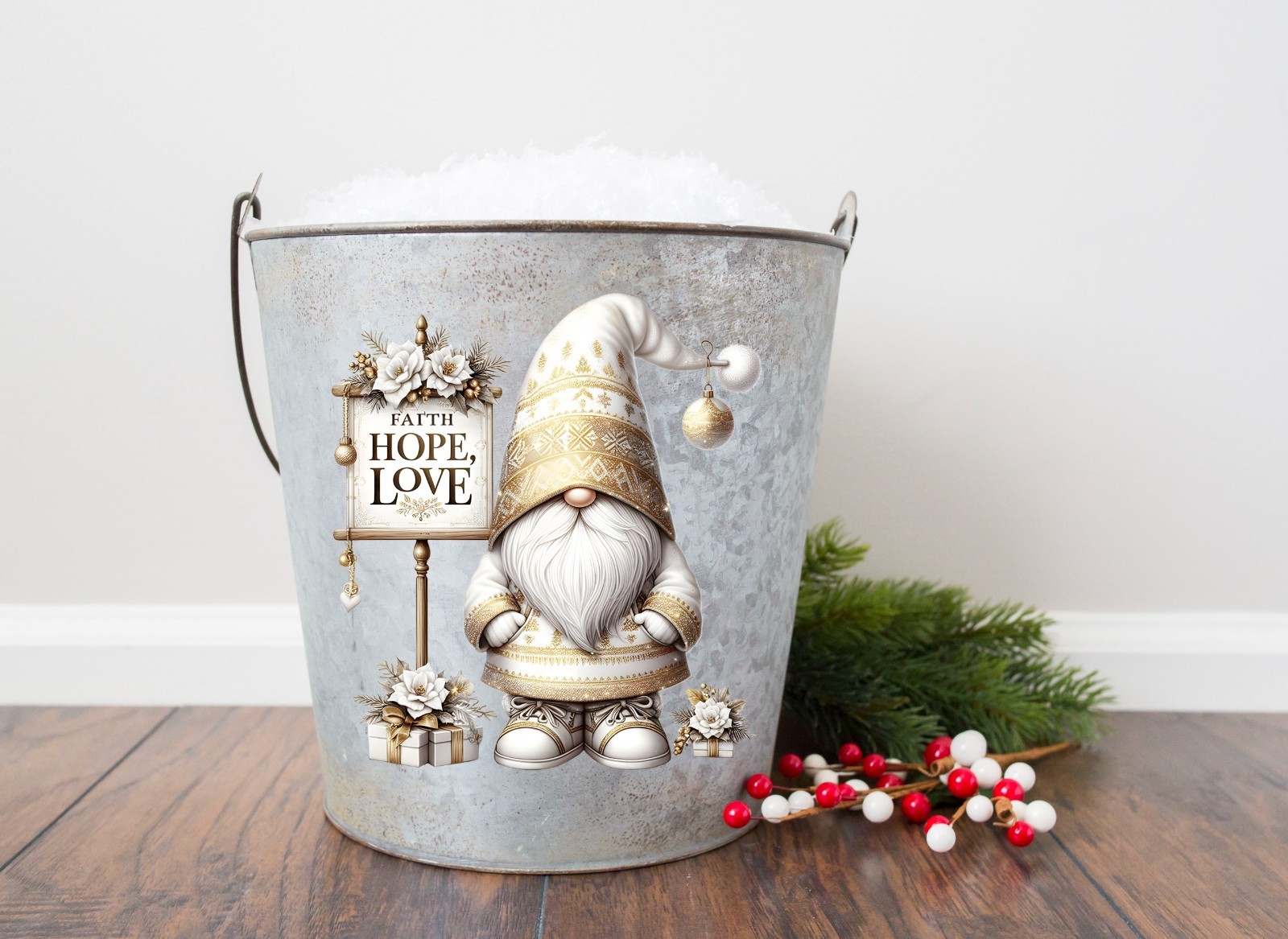 Gold White Hope Faith Love Christmas Gnome UV DTF Transparent Sticker / Decal