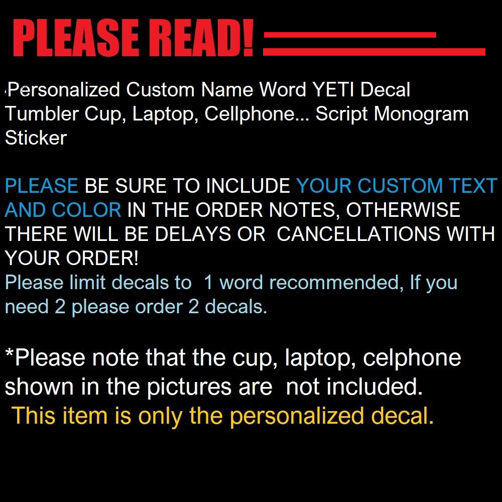 6" Personalized Custom Name Word YETI Decal Tumbler Cup Script Monogram Sticker