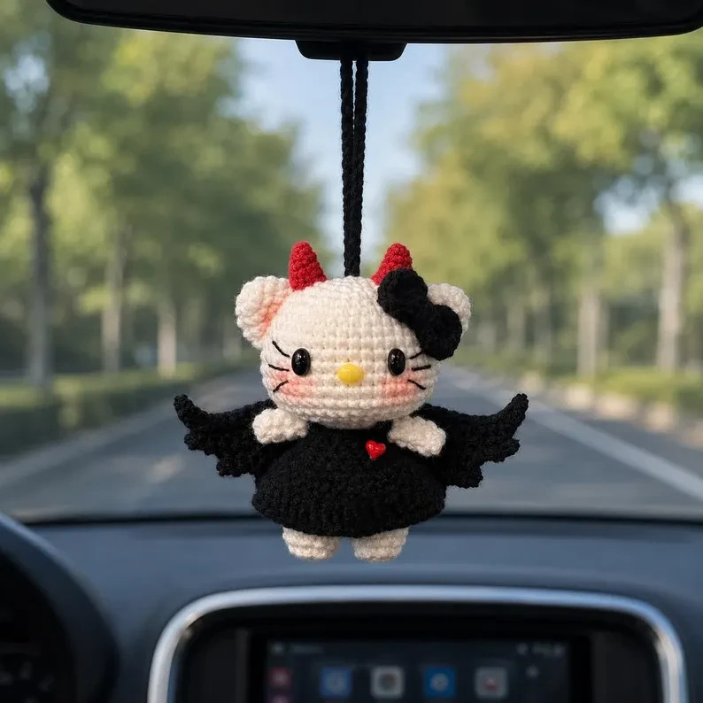 Halloween Crochet Devil Cat Car Charm Handmade Hanging Ornament Gift
