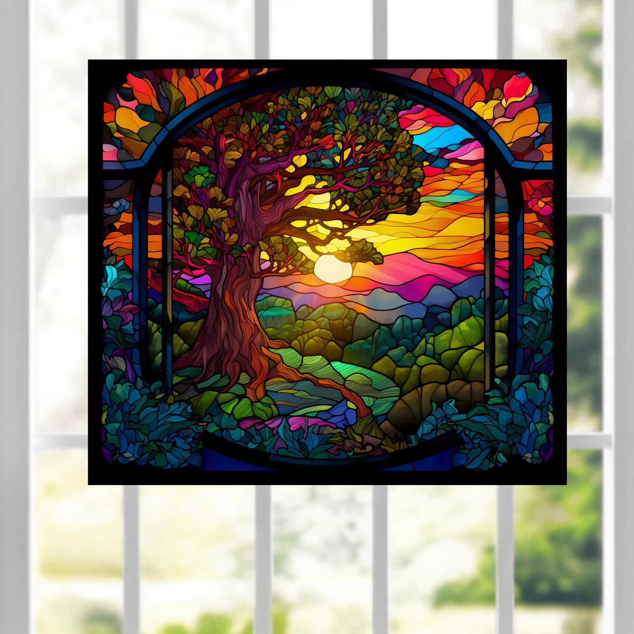 Tree at Sunset Faux Stained-Glass WINDOW CLING Size 9" Repositionable Vinyl