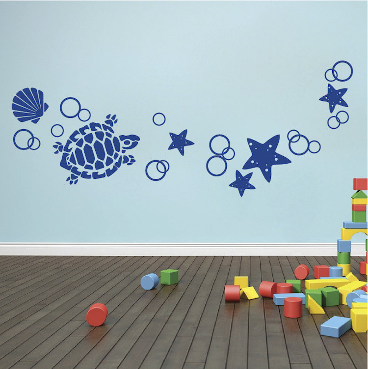 Turtle Wall Decal Starfish Bubbles Wallpaper Ocean Shells Removable Vinyl, g37