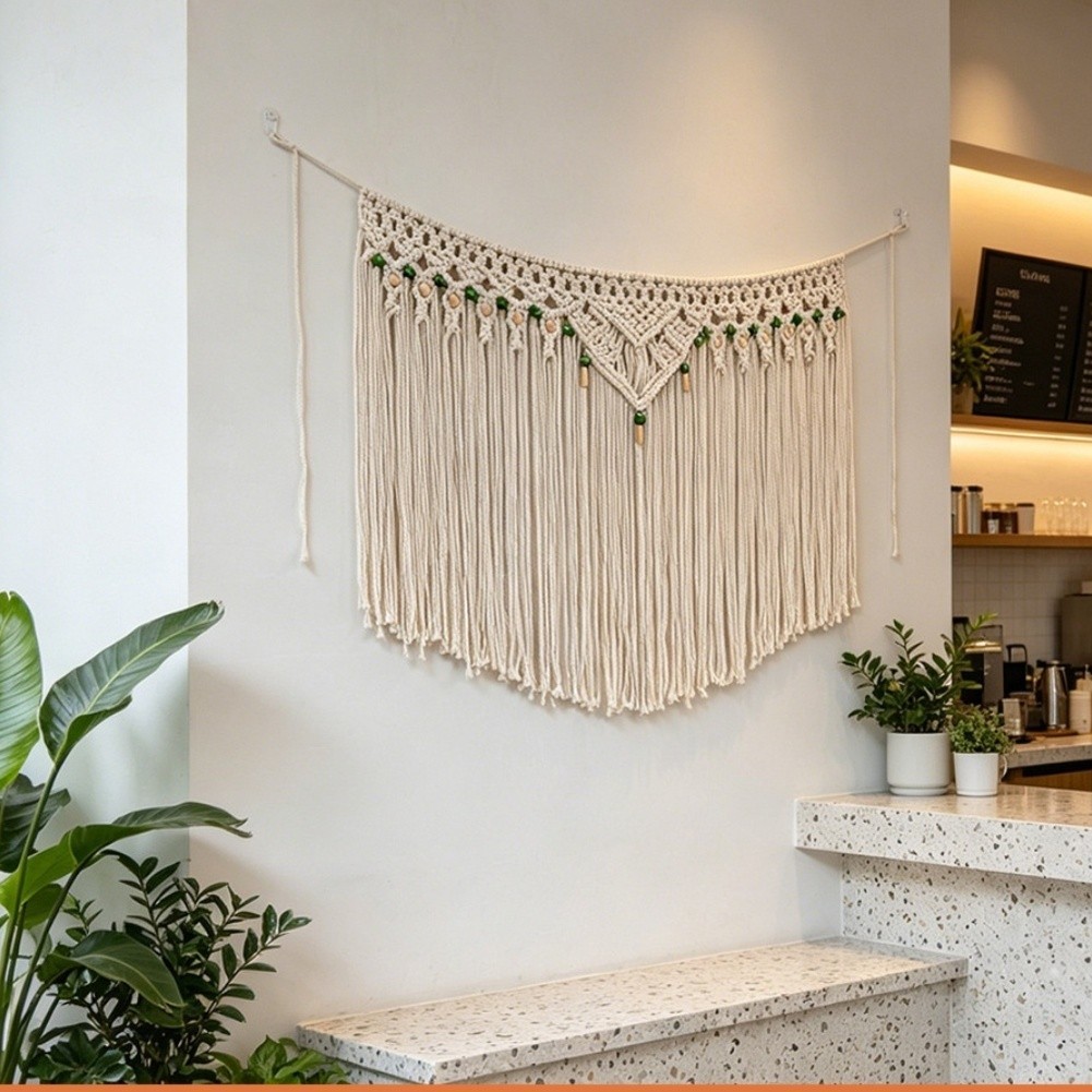 Hand Woven Boho Cotton Tapestry Wall Hanging for Living Room 100x65cm Beige