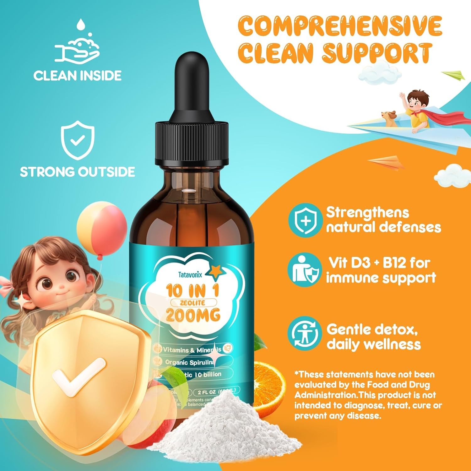 Zeolite Detox for Kids & Adults, 10 in 1 Zeolite Drops with 300mcg Vitamins B12
