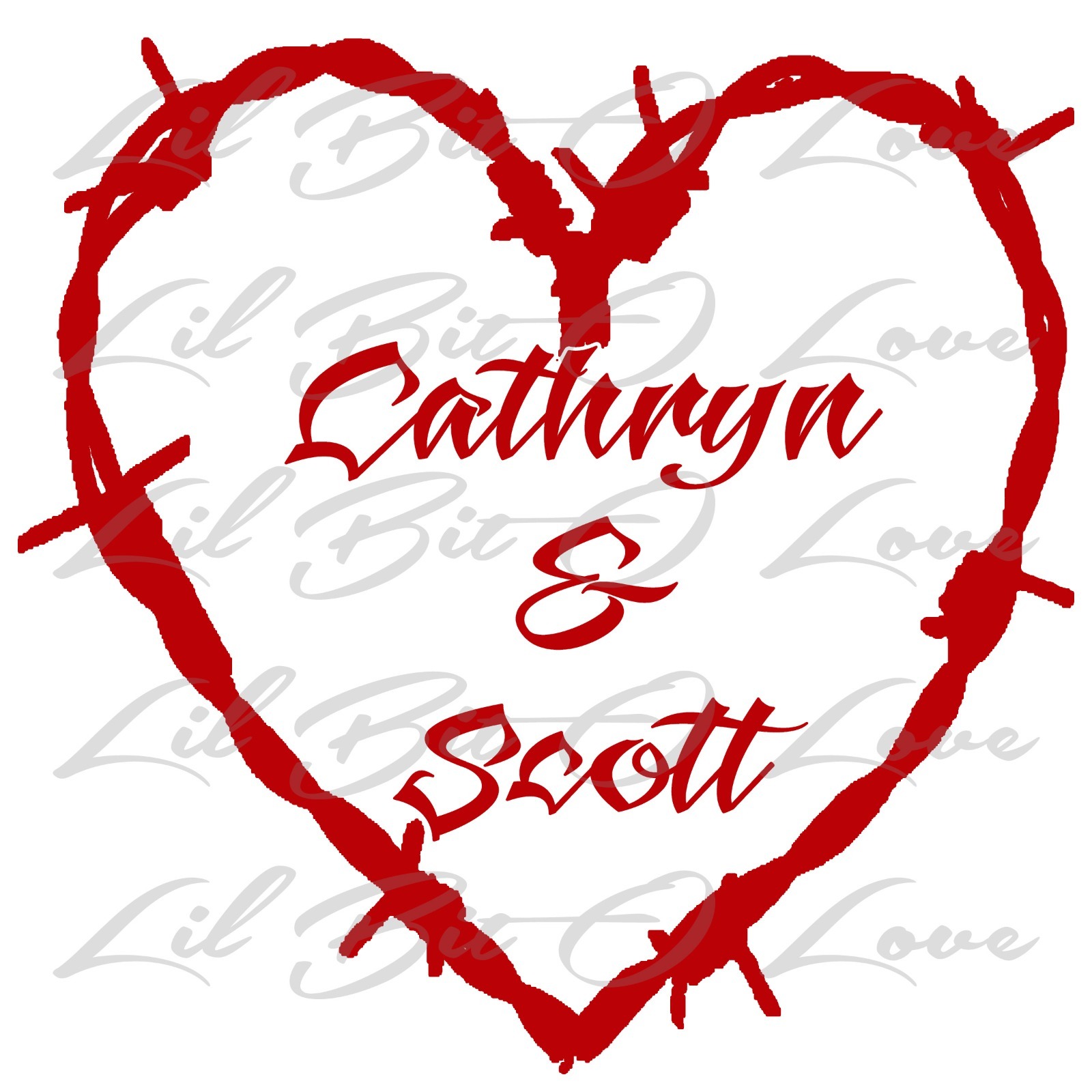 Custom Barbed Wire Heart Personalized with Couple's Names Vinyl Decal