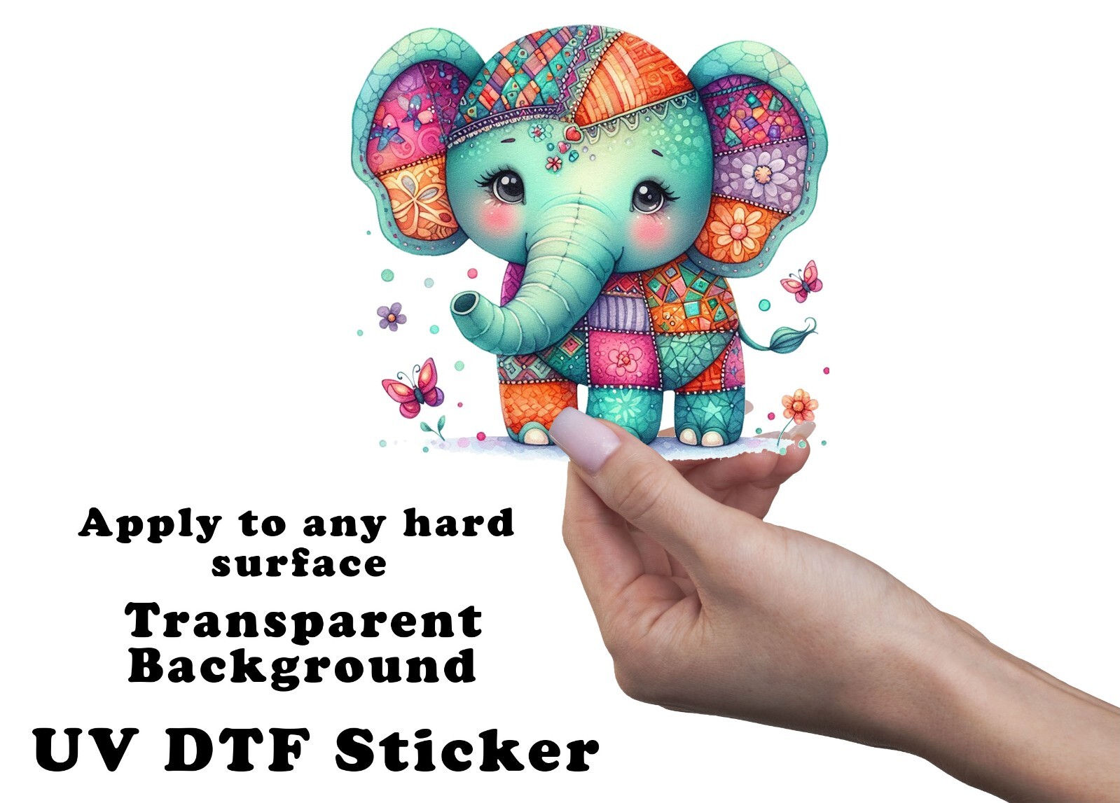 Turquoise Patchwork Elephant UV DTF Transparent Sticker / Decal