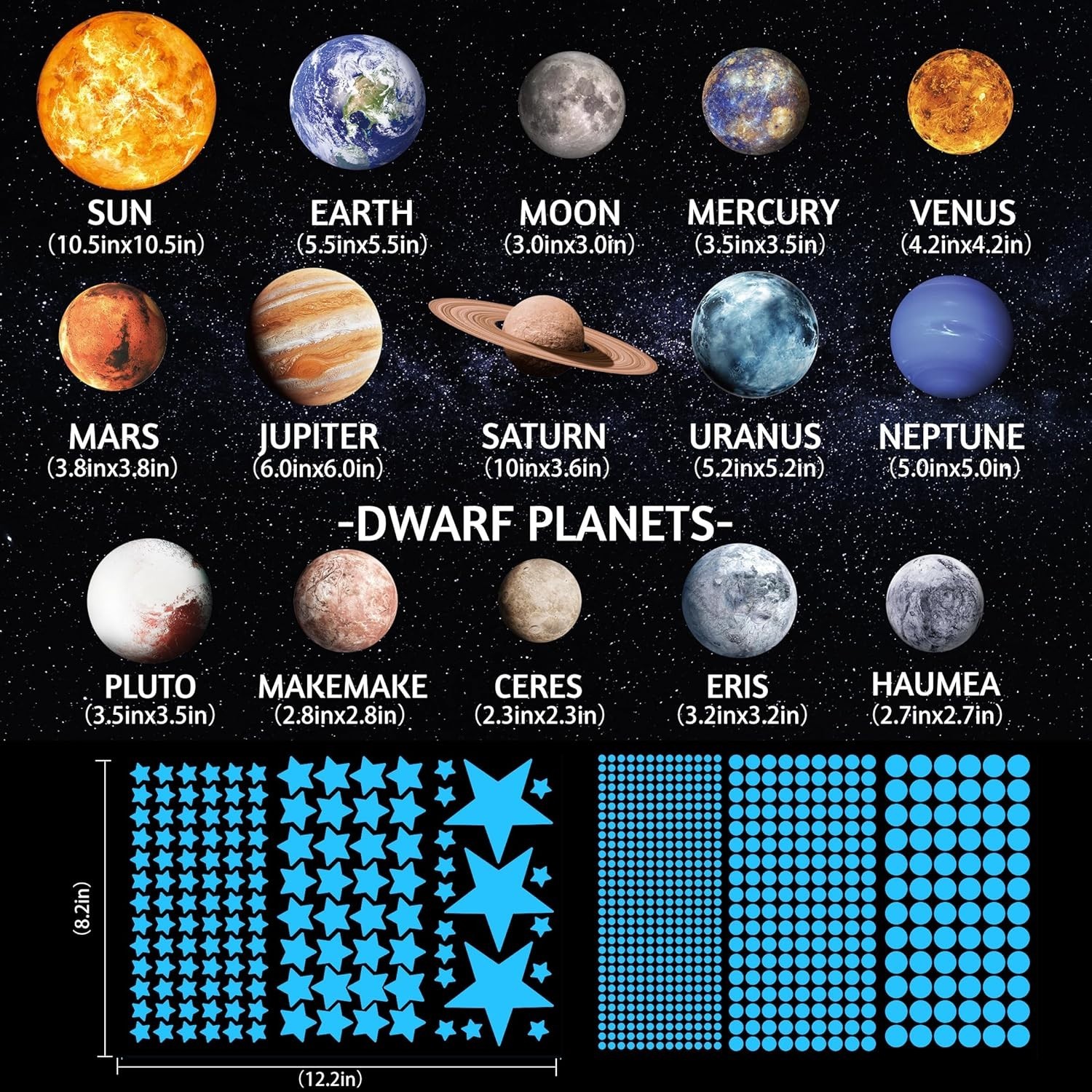Glow in The Dark Stars Planets Wall Decals Kids Room Ceiling Stickers Blue