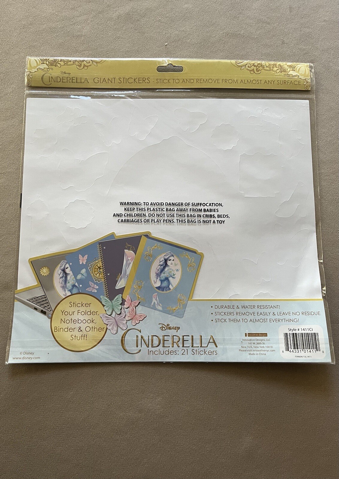 1 Giant Sheet Cinderella Stickers~Sheet: 10 1/2” X 11 3/4” & Has 21 Stickers~New