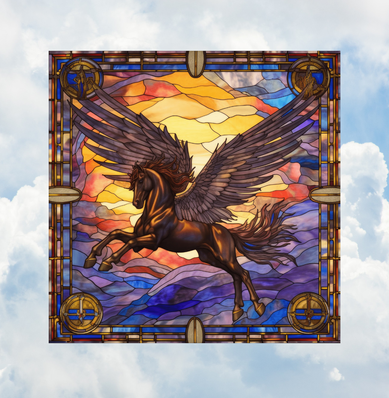 Pegasus Horse Faux Stained-Glass WINDOW CLING Size 8" Vinyl