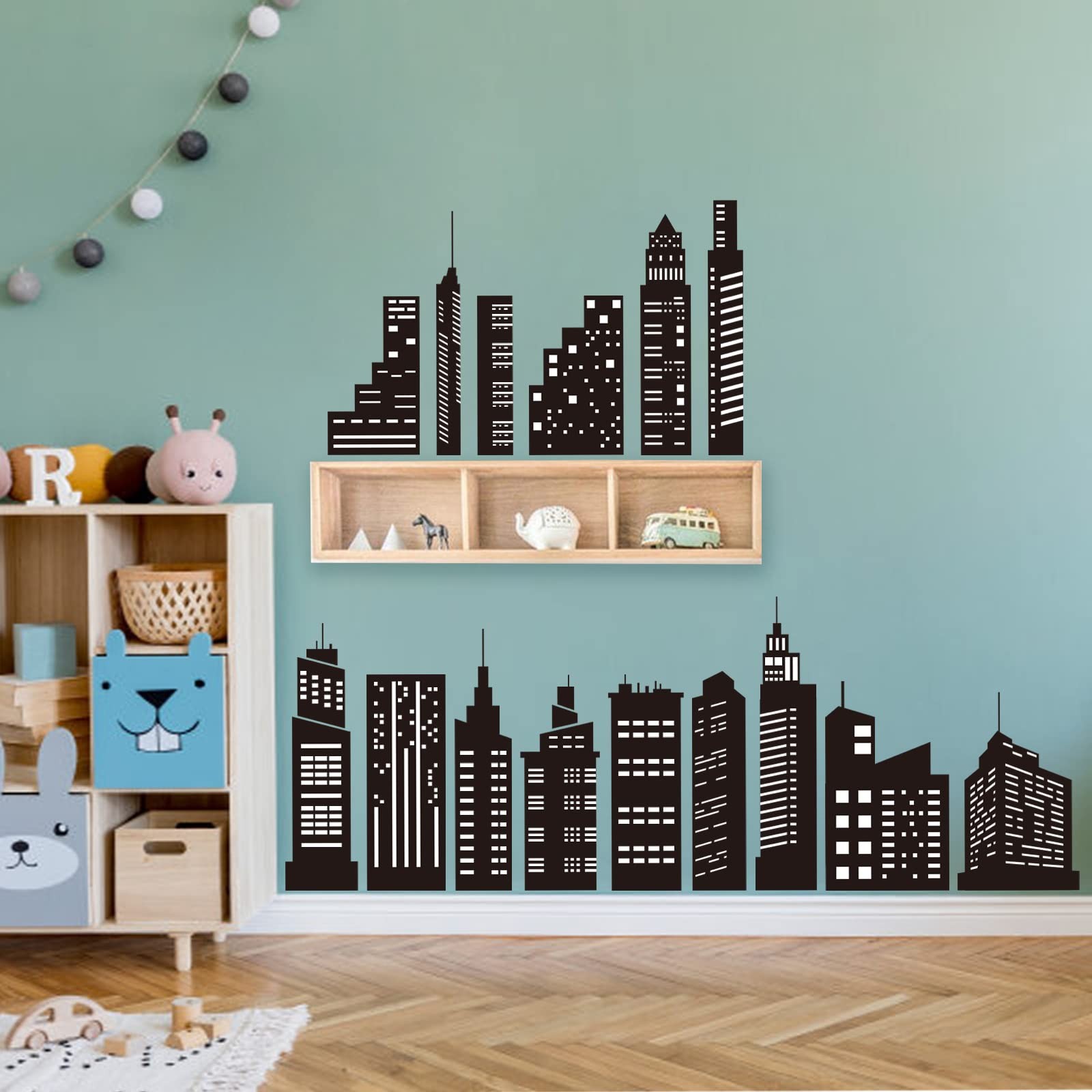 Black City Skyline Wall Stickers City Building Silhouettes Peel and Stick Wal…