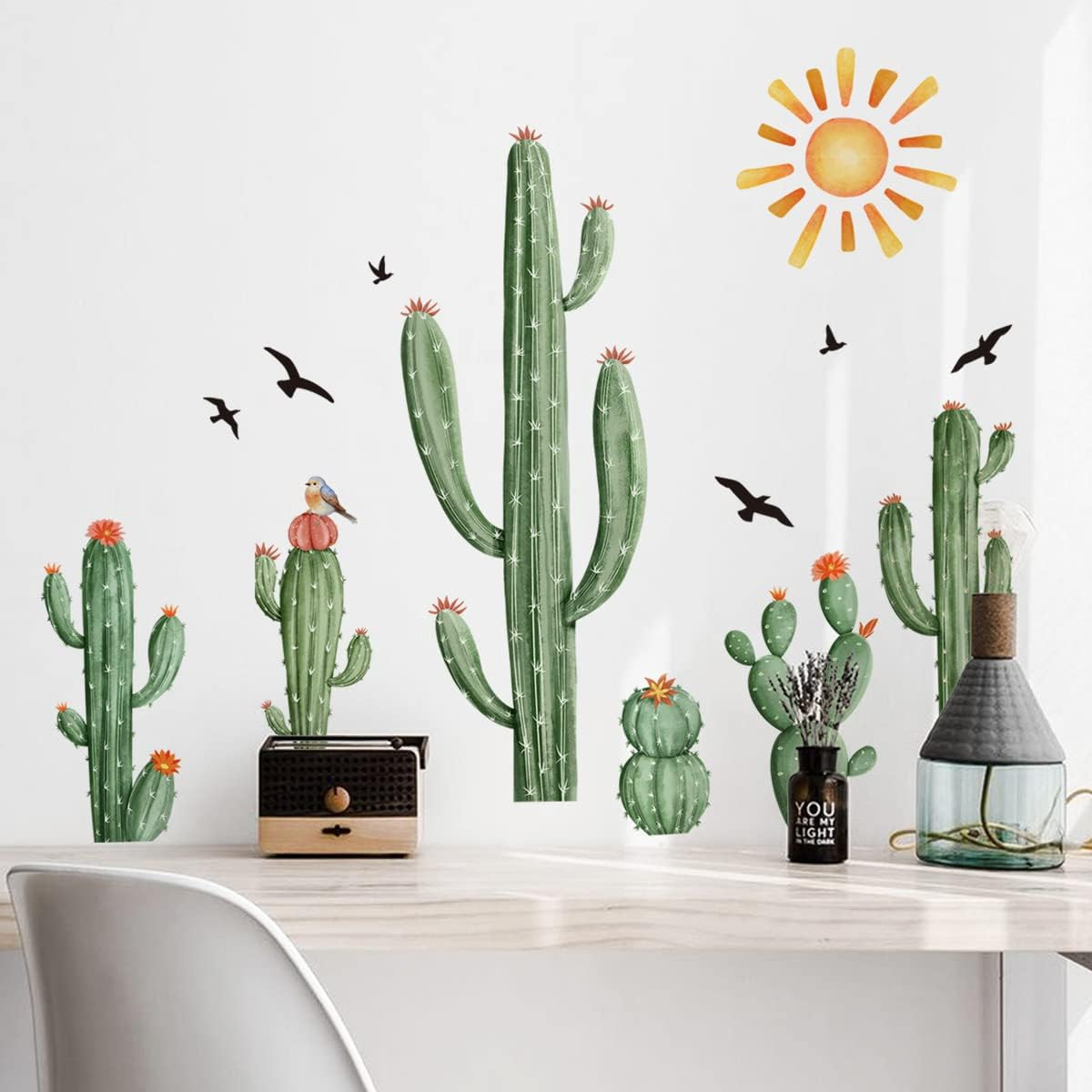 Boho Cactus Wall Decals Boho Sun Wall Stickers Tropical Cacti Green Plants with