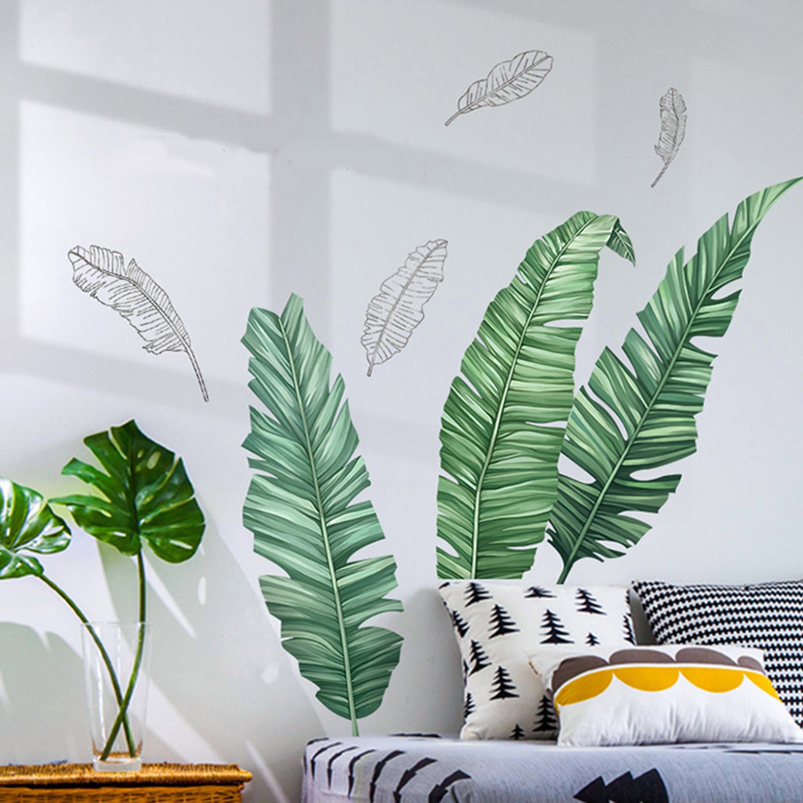 Green Wall Stickers Tropical Banana Leaves Removable PVC Bedroom Decorations