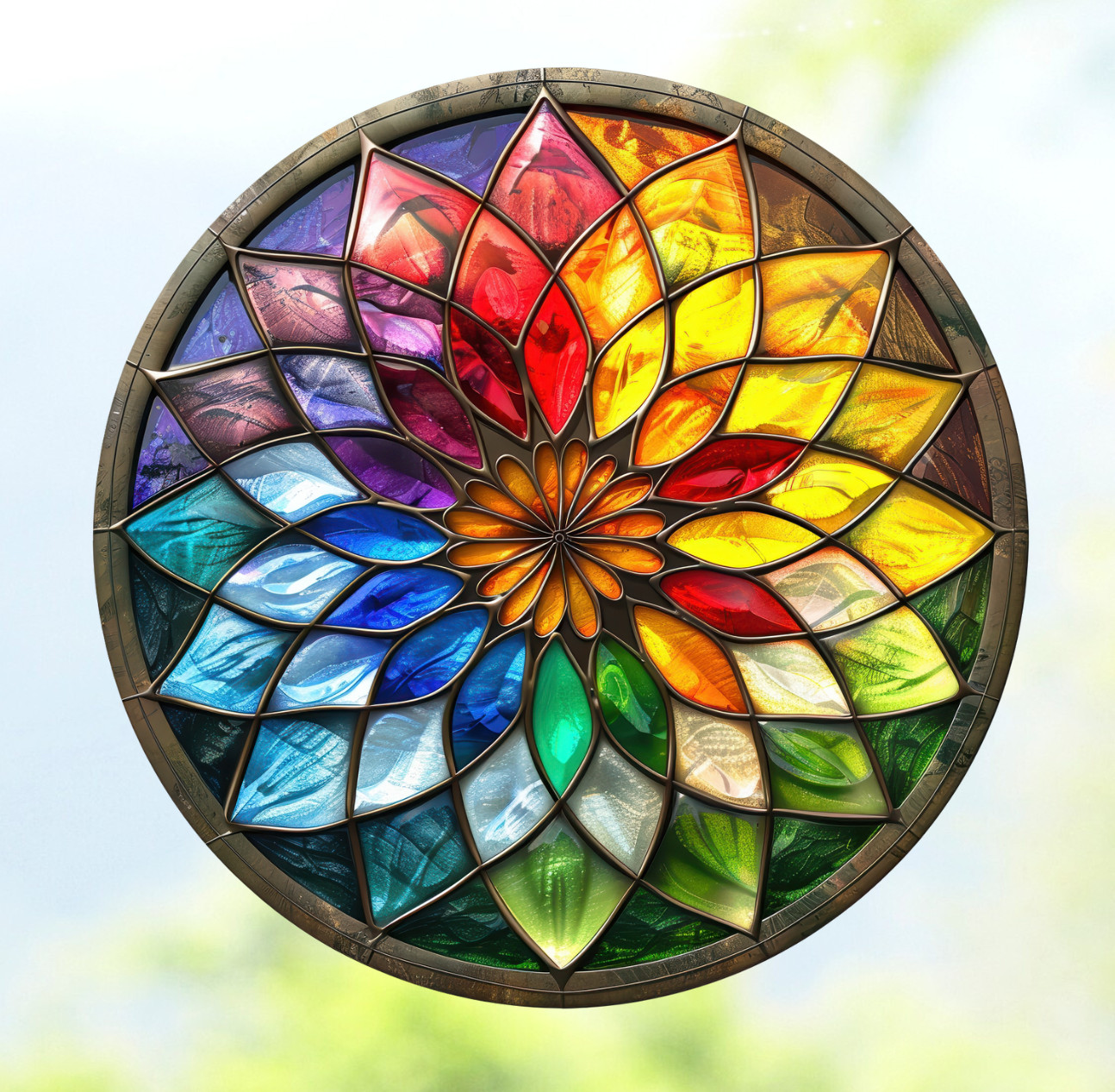 Rainbow Star Flower Faux Stained-Glass WINDOW CLING Size 8" Round Vinyl