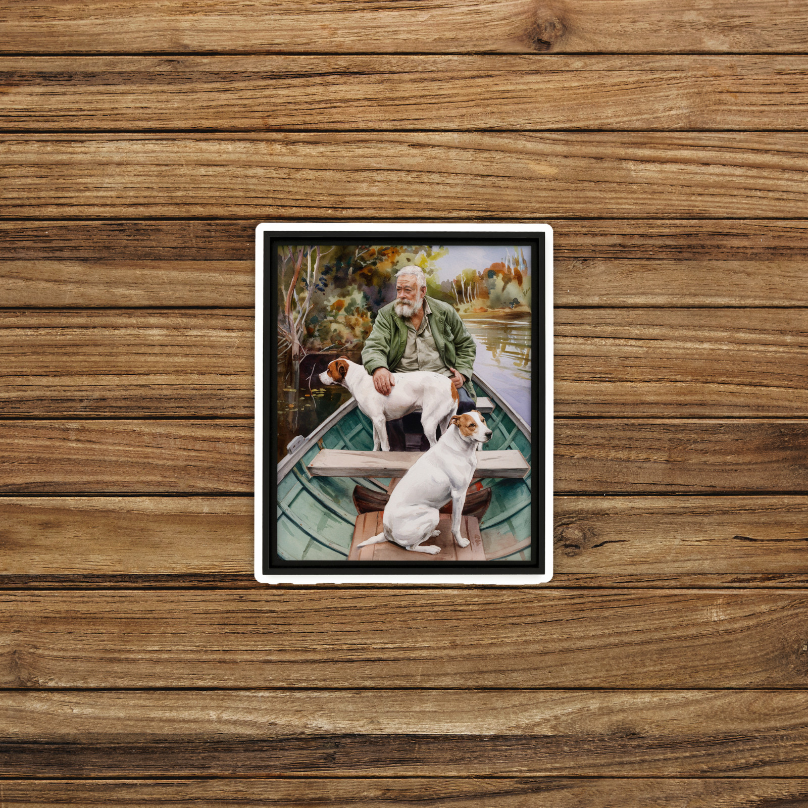 Old Man and Dogs Watercolor Painting – 8×10 Boat Scenery Wall Art Print #330