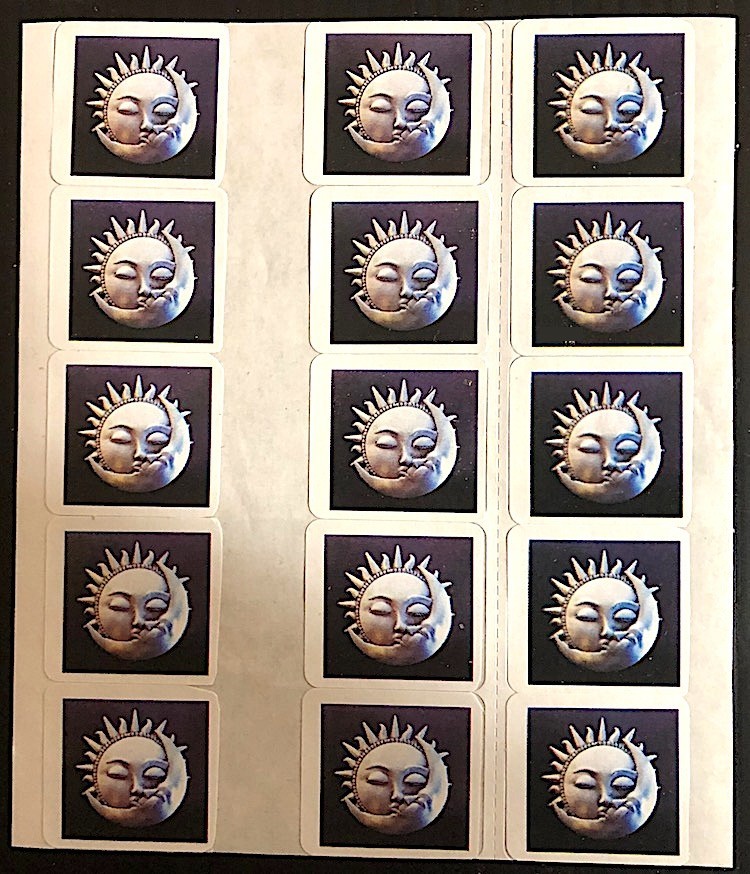 15 CELESTIAL LOVE Stickers, Sun & Moon Kissing, 1" Square; Silver, Black & White