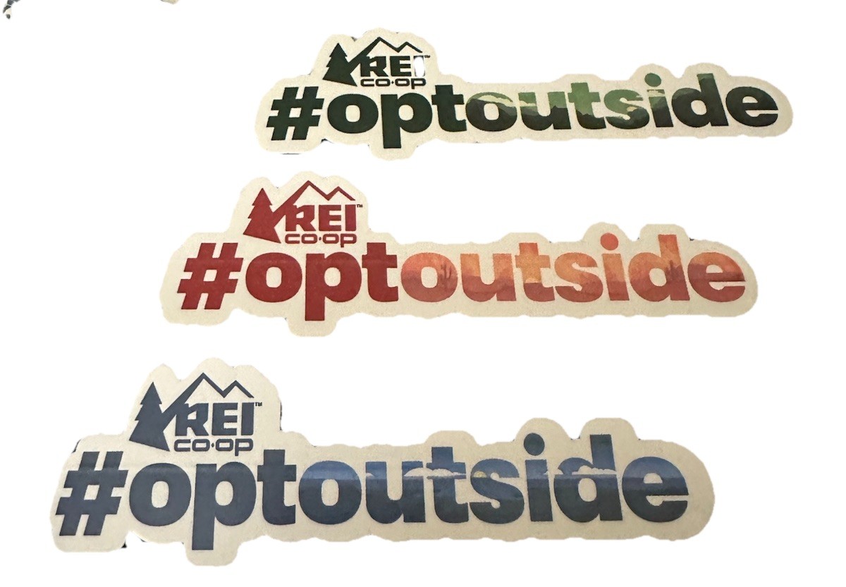 Official REI # Opt Outside Sticker Decal – 3 Colors Green Red Blue – CHOOSE 5”