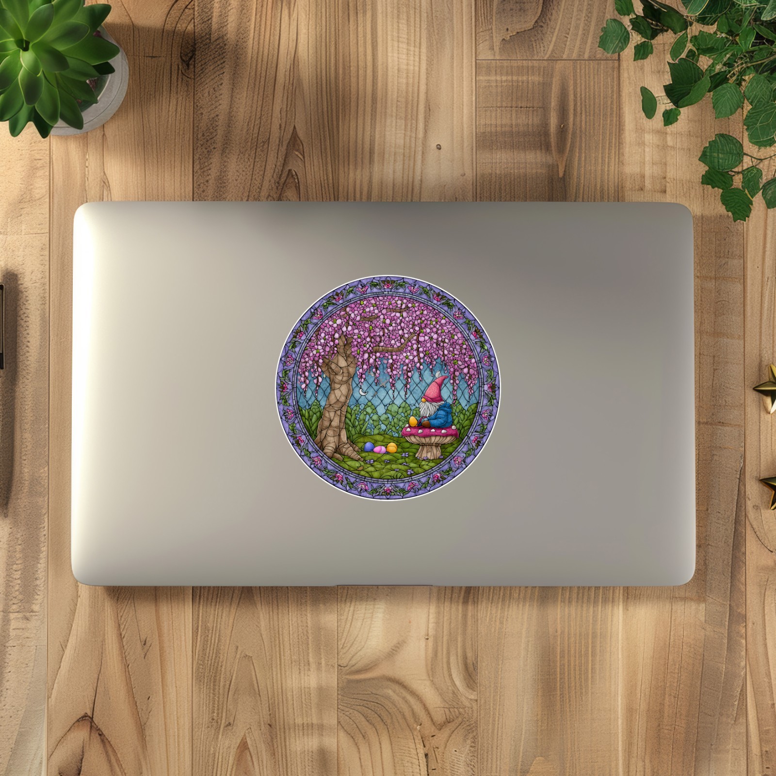 Spring Gnome Mushroom Toadstool Stained Glass Style Opaque Vinyl Sticker Decal