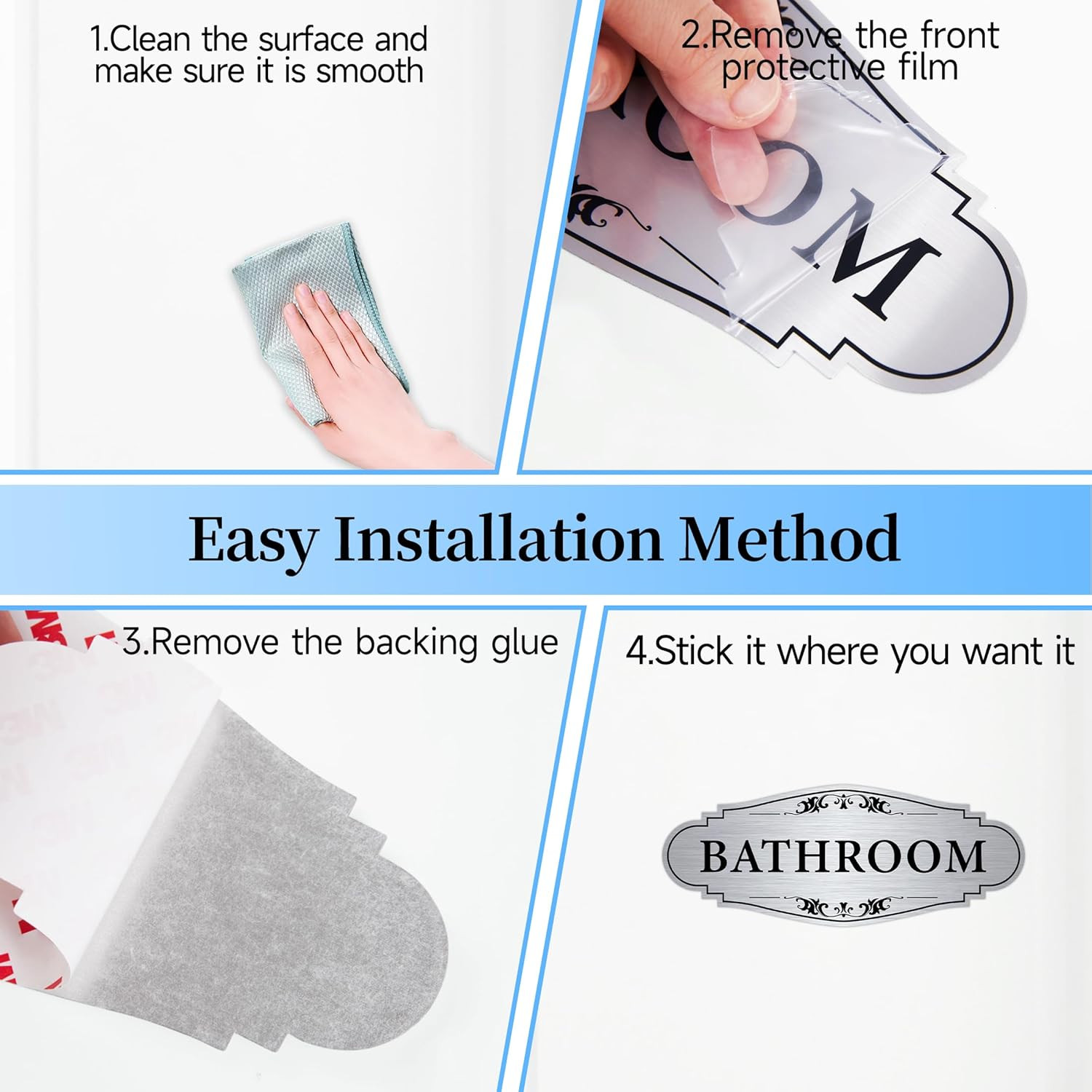 Bathroom Sign Sticker for Business and Home，Self-Adhesive Brushed Silver Cute Ba