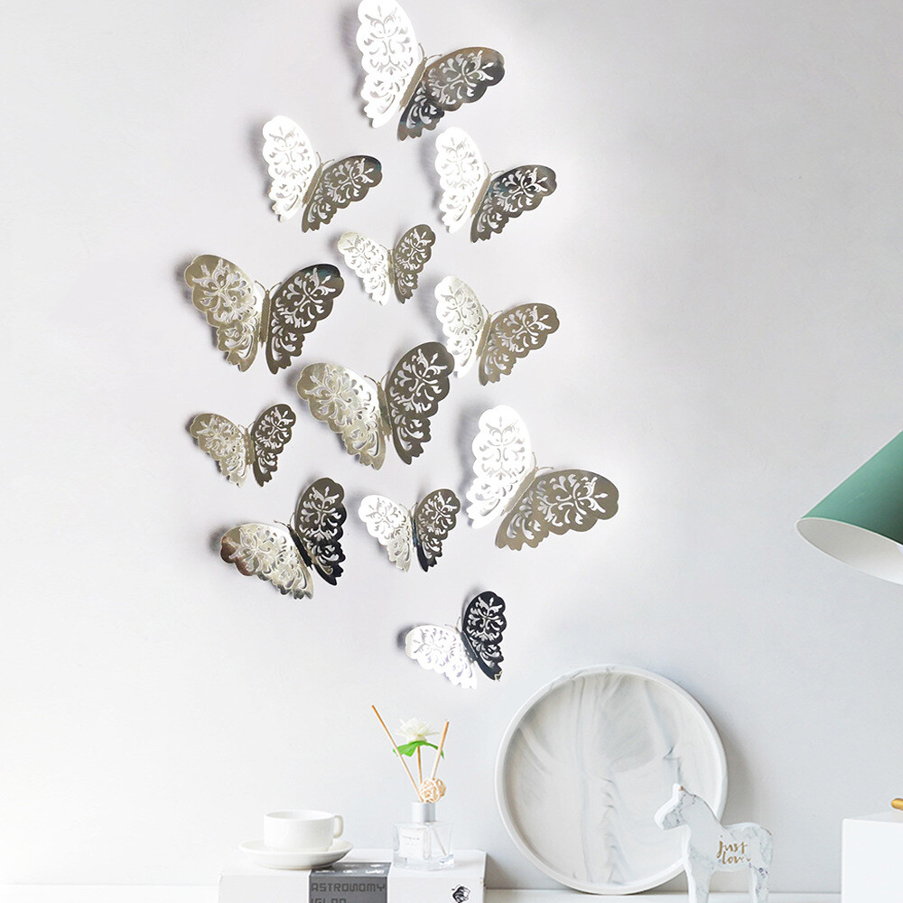 12 pcs 3d cute rose, silver, and gold butterfly wall decor, party, wedding, diy
