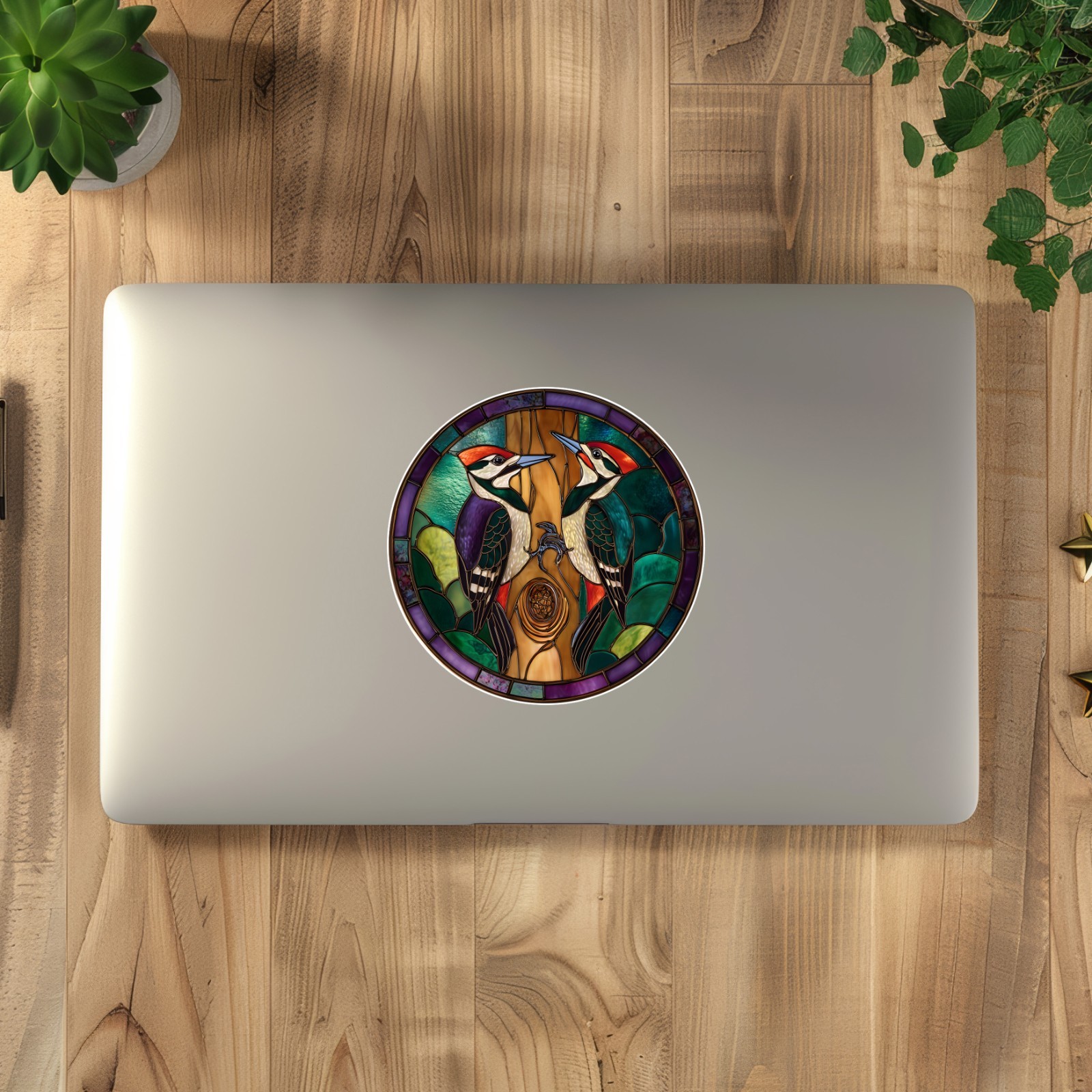 Woodpecker Bird Couple Stained Glass Window Opaque Vinyl Sticker Decal