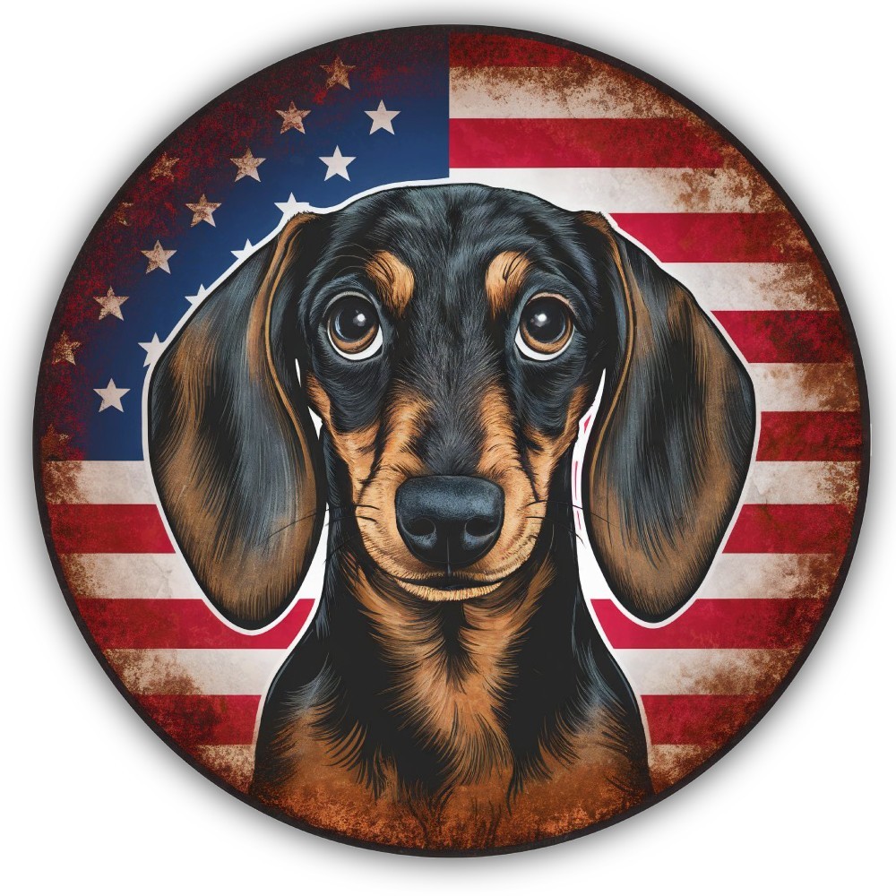 Dachshund American Flag Vintage Round Cut To Shape Vinyl Sticker
