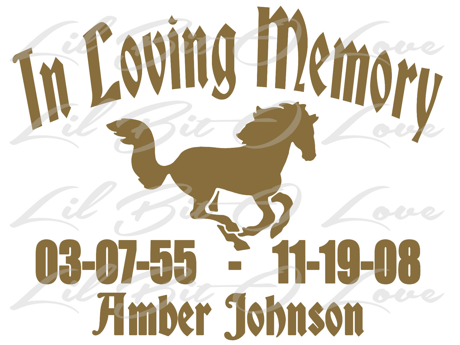 PERSONALIZED IN LOVING MEMORY VINYL DECAL WITH HORSE WITH NAMES AND DATES