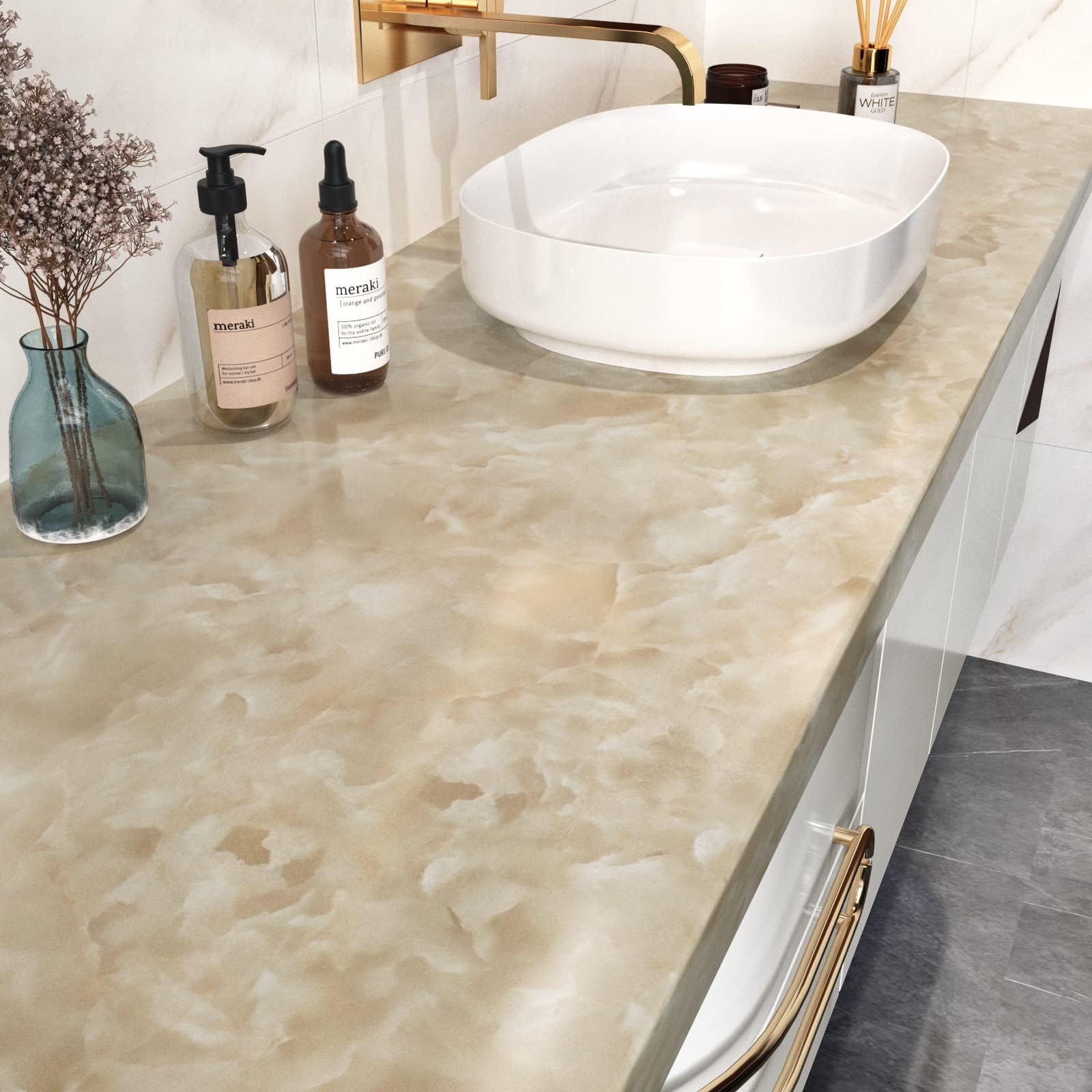 Glossy Beige Marble Contact Paper for Table Top Self Adhesive Shiny Marble Fi…