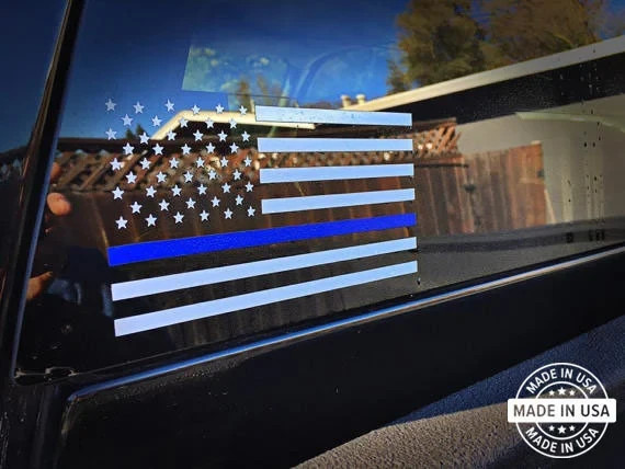 Thin Blue Line Decal, Vinyl Die Cut Sticker, 100% Made In USA, American Flag