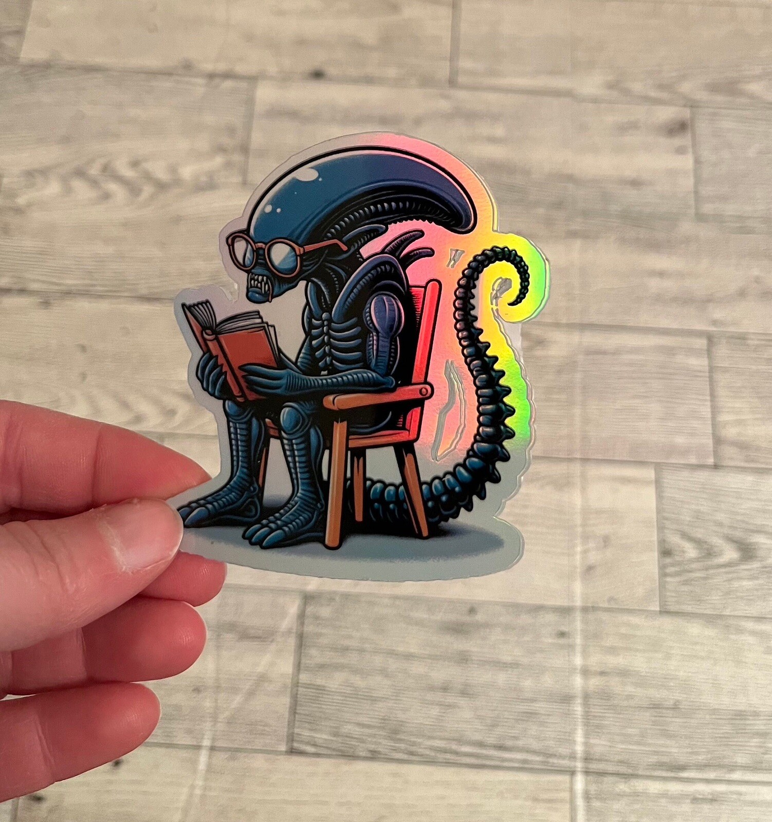 Alien Xenonorph Reading Book 3inch Holographic Waterproof sticker
