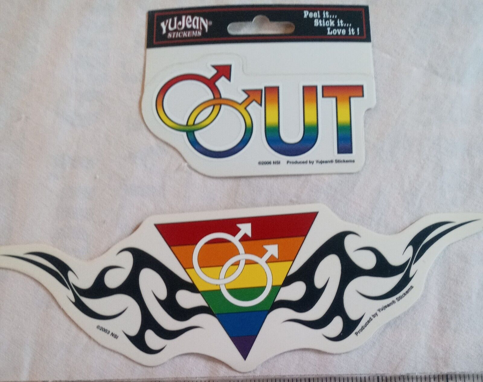Gay Pride Stickers 2 Vinyl window male out symbol, and tribal out rainbow yujean