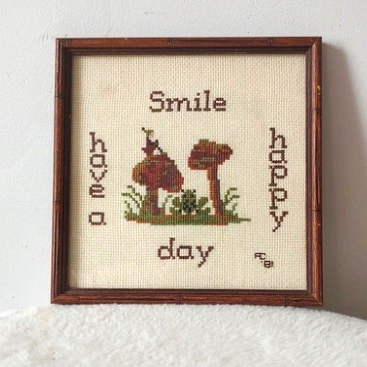 Vintage Cross Stitch Mushroom Pixie Frog Framed Wall Art Cottagecore Whimsical