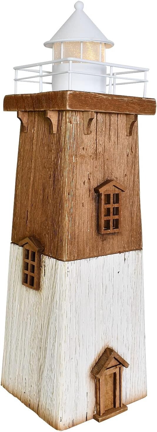 Wooden Lighthouse with Lights Nautical Tabletop Figurine (Brown)