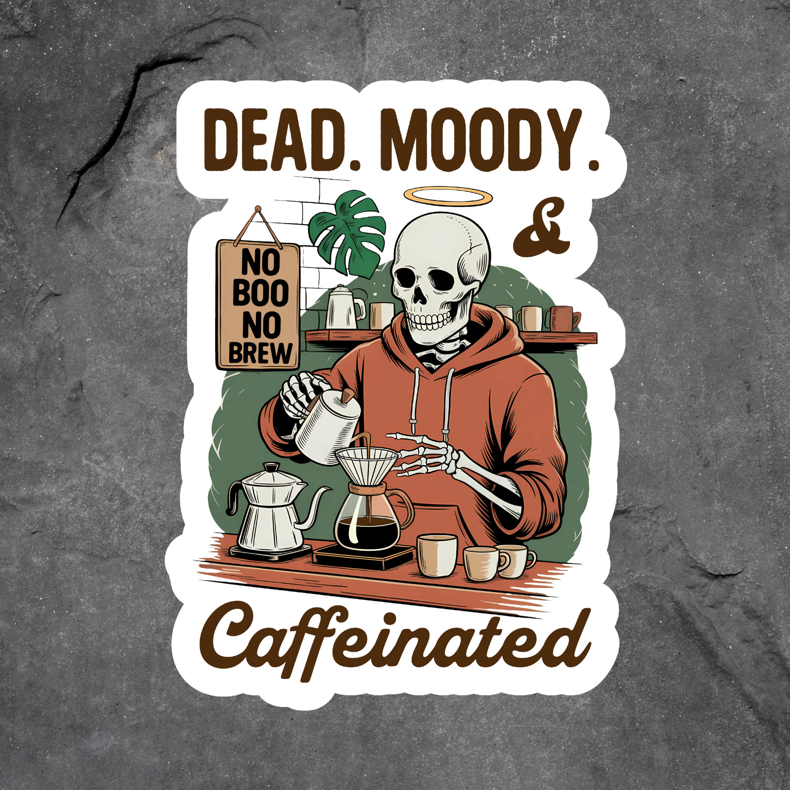 Coffee sticker vinyl decal dead moody caffeinated skeleton goth pour over mug