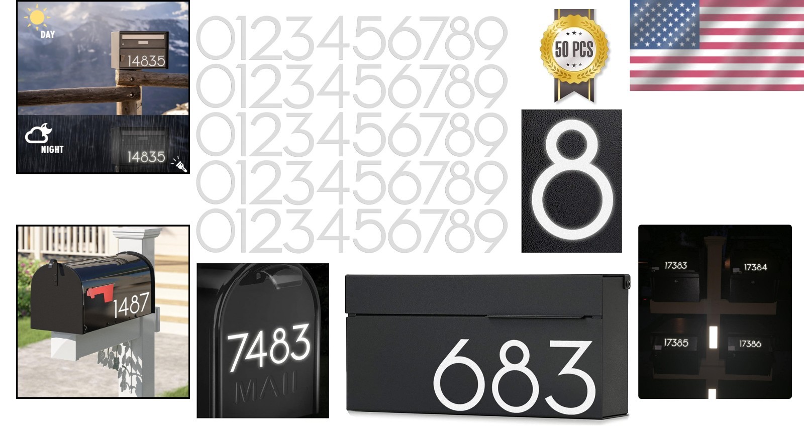 2 Inch Reflective Mailbox Numbers Sticker (0-9, 5 Sets) Modern Number Vinyl Wate